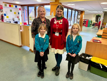 Rachel and Cllr Karen Ashley with Grace and Julia from Abbeywood First School