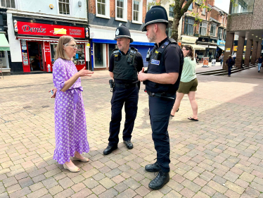 Rachel with PS Roberts and PC Moore in Redditch town centre.